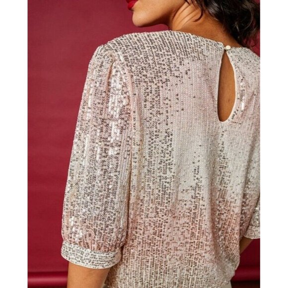 OnTwelfth Sequined Puff Sleeve‎ Top size M, Champagne - Picture 1 of 7